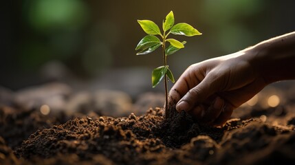 the hand plant a tree in black soil with nature background - obrazy, fototapety, plakaty