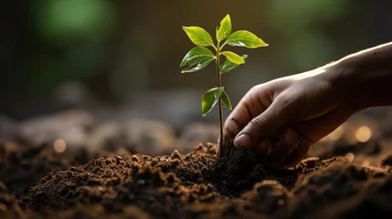 Tuinposter the hand plant a tree in black soil with nature background © MBRAMO
