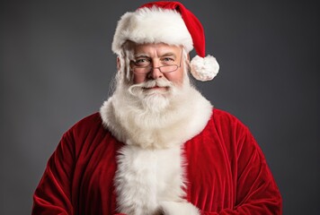 A man dressed as Santa Claus wearing glasses