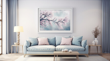 a room with a combination of soft pastel colors, a sofa and a large picture on the wall, generated by AI