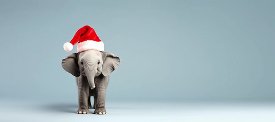 Small cute Elephant Christmas Santa Claus. Banner. Empty space