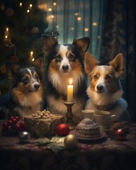 Three dogs sitting at a table with a lit candle