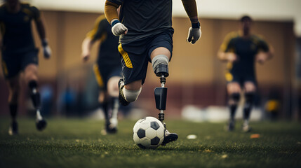 Athletic men with artificial bionic legs playing soccer at the stadium.