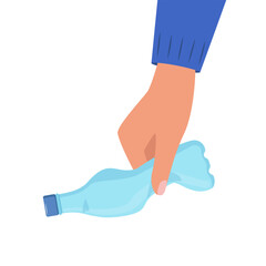 Hand holding crumpled plastic bottle. Hand throws plastic bottle into trash can. Plastic waste. Trash sorting, recycling. Vector illustration.