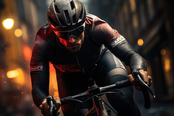 Fototapeta na wymiar Against the Clock. A cyclist speeds through a challenging course, embodying the urgency of athletic pursuit. Generative Ai.