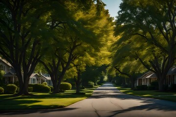 Obraz premium a tree-lined avenue, with towering, mature trees creating a natural canopy that arches over the road - AI Generative