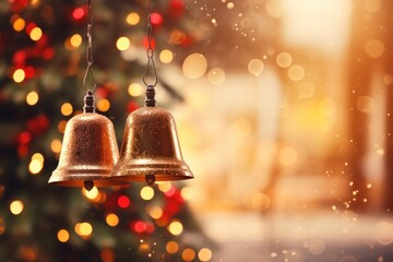 Two festive bells hanging from a beautifully decorated Christmas tree