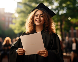 A diverse young student beams with joy as they receive their degree at graduation, embodying achievement and success. Ideal for themes of educational accomplishment, diversity, and life milestones. - obrazy, fototapety, plakaty