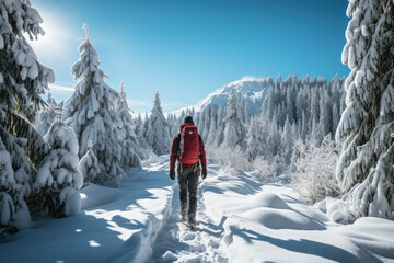 Fototapeta na wymiar A person navigates a snow-covered trail on snowshoes, exploring the serene winter landscape and enjoying a leisurely outdoor activity. Generative Ai.