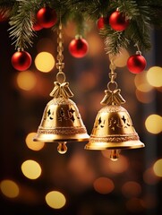 Two bells hanging from a Christmas tree with festive lights in the background