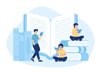 Students reading a book concept flat illustration