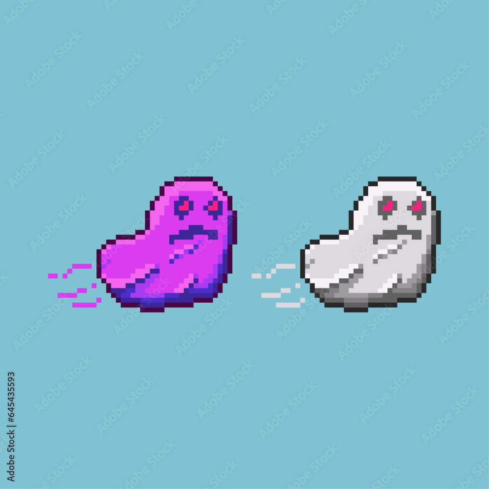 Poster pixel art sets of ghost of halloween with variation color items asset. halloween ghost on pixelated 