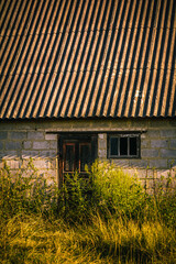 wooden door and old narrow wooden window in an abandoned white brick house with a slate roof, near tall green grass, during golden hour