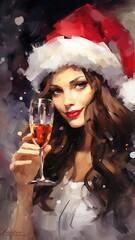Naklejka premium A female holding a glass of wine in a painted scene