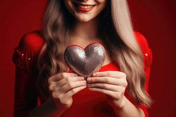 A woman in a vibrant red dress gracefully holding a heart