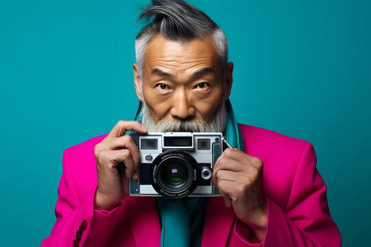 Colorful studio portrait of a mature asian man using a vintage photo camera. Bold, vibrant and minimalist. Generative AI