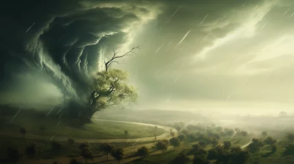 Schilderijen op glas trees blown by strong winds approaching  tornado, generative ai © Mrsabata