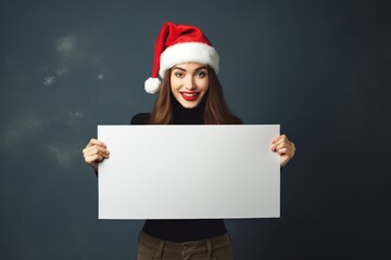 A woman wearing a Santa hat and holding a sign