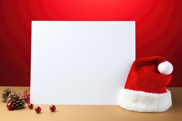 A festive red and white santa hat next to a blank white sheet of paper