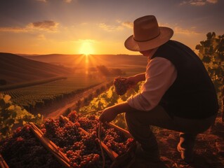 Farmer picking grapes in a vineyard