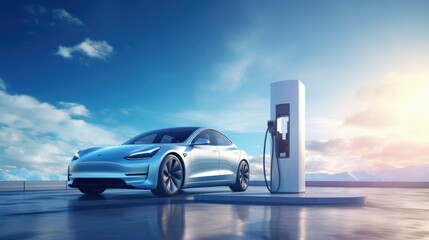 Public EV charging station for electric car at modern city residential.