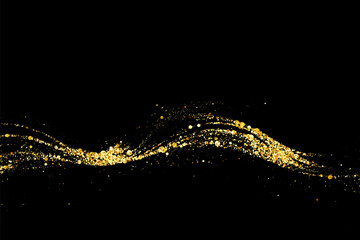 Abstract wave gold glitter texture on black background. Abstract particles of golden color.