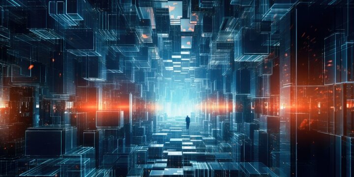 Metaverse city and matrix cyberpunk concept. Generative AI.