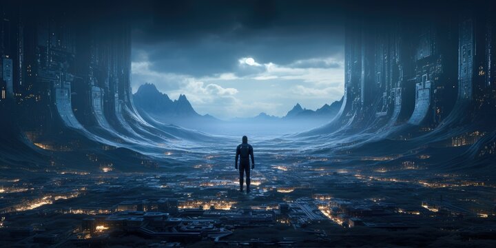 Metaverse city and matrix cyberpunk concept. Generative AI.
