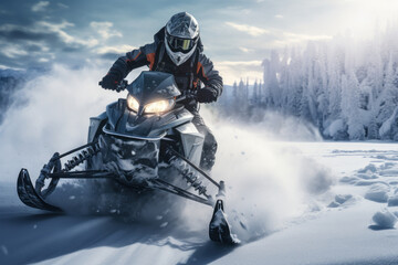 A snowmobiler races across a frozen lake, leaving a trail of excitement and adventure in their...