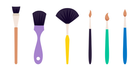 Artist Brushes. Vector set in cartoon flat style isolated on white background.