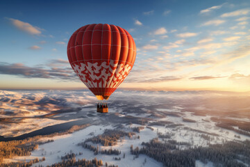 A person captures the breathtaking view from a hot air balloon as it soars above a winter wonderland, offering a unique perspective. Generative Ai. - obrazy, fototapety, plakaty