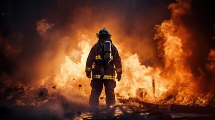 Naklejka premium Firefighters fighting a fire in the midst of fire and smoke.