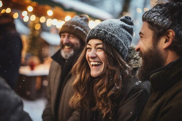 A group of friends gathers around an outdoor ice rink, enjoying a leisurely afternoon of ice skating and camaraderie. Generative Ai.