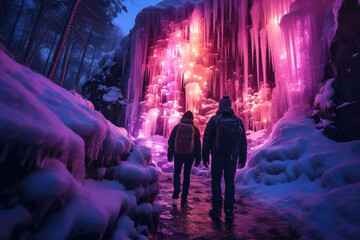 A person captures the captivating sight of a frozen waterfall illuminated by colorful lights, adding magic to a winter hike. Generative Ai.
