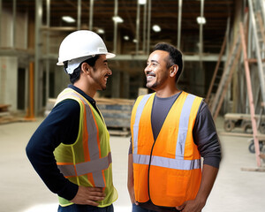 Two construction workers from diverse backgrounds engage in a happy business discussion on-site. Ideal for themes of workplace diversity, collaboration, and industry professionalism.