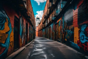 an urban alleyway bursting with vibrant and evocative street art - AI Generative