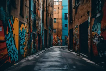 Papier Peint photo autocollant Ruelle étroite an urban alleyway bursting with vibrant and evocative street art - AI Generative