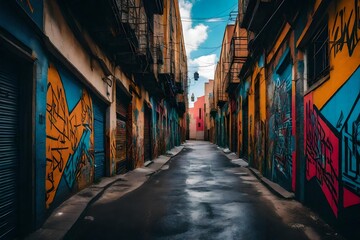 Fototapeta na wymiar an urban alleyway bursting with vibrant and evocative street art - AI Generative