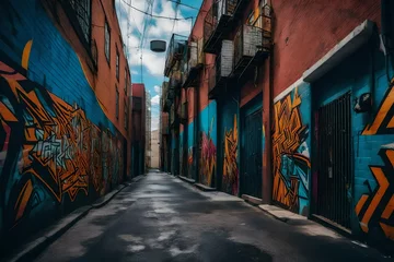 Crédence de cuisine en verre imprimé Ruelle étroite an urban alleyway bursting with vibrant and evocative street art - AI Generative