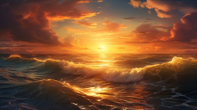 very beautiful sunset on the sea with waves and beautiful cloudy sky warm and cold colors,
generated by AI