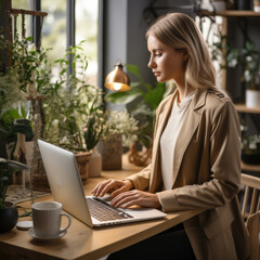 woman designer working on computer , night time, AI Generated