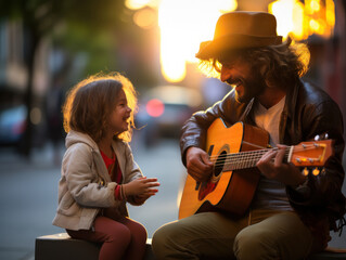 Man playing guitar with street kid