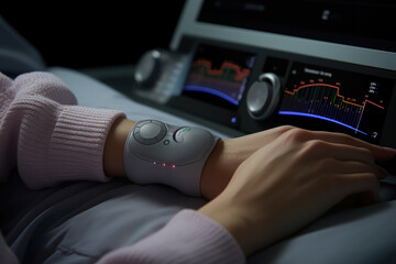 A close-up of a person's hand adjusting the settings on a wearable sleep tracking device. Generative Ai.
