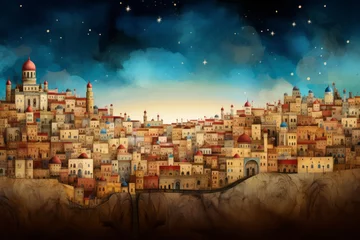 Fotobehang Yom Kippur, Night view of the Middle Eastern old Jewish town city with a temple, background. © Schizarty