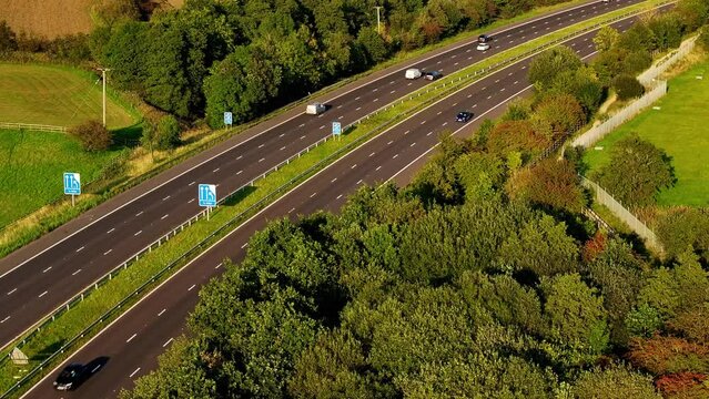 Aerial video of M67 motorway passing through Hyde.
