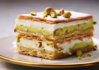 Slice of cake with vanilla cream and pistachio topping on plate.Macro.AI Generative