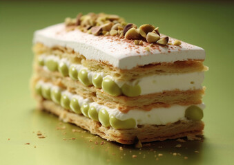 Slice of cake with vanilla cream and pistachio topping on green.Macro.AI Generative