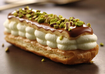 French eclairs with cream and pistachio topping.Macro.AI Generative