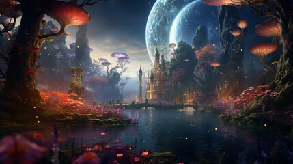 a magical landscape from another planet with big mushroom trees a beautiful pond and two big moons in the sky