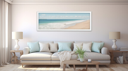 a bright, beautiful room in white colors with a large sofa and a picture of an empty beach